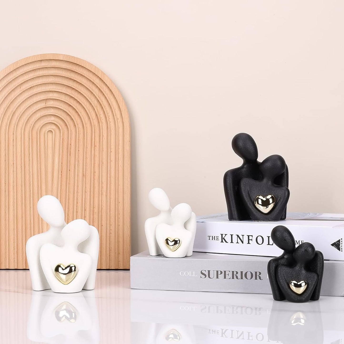 oliruim 8cm Tall Couple Figurines for Home Decoration Modern Sculpture with Gold Heart Design - Home Decoration, Couple Anniversary Gift Wedding (8cm White)
