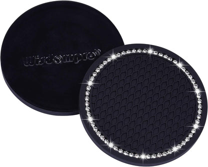 Bling Car Coasters, Wisdompro 4 Pack PVC Car Cup Holder Insert Coaster - Anti Slip Universal Vehicle Interior Accessories Crystal Glitter Cup Mats for Women and Men(2.75" Diameter, Black)