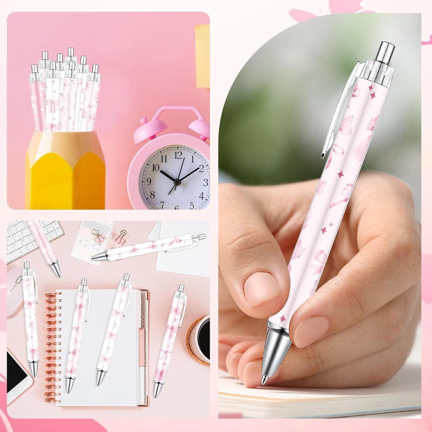 Wxiben Coquete Bows Ballpoint Pens - 24PCS Pink Ribbon Bows Pens Set Cute Cherries Smooth Writing Pens Retractable Pink Conquette Bow Pen for Office Stationery School Supplies for Women Teacher Gifts