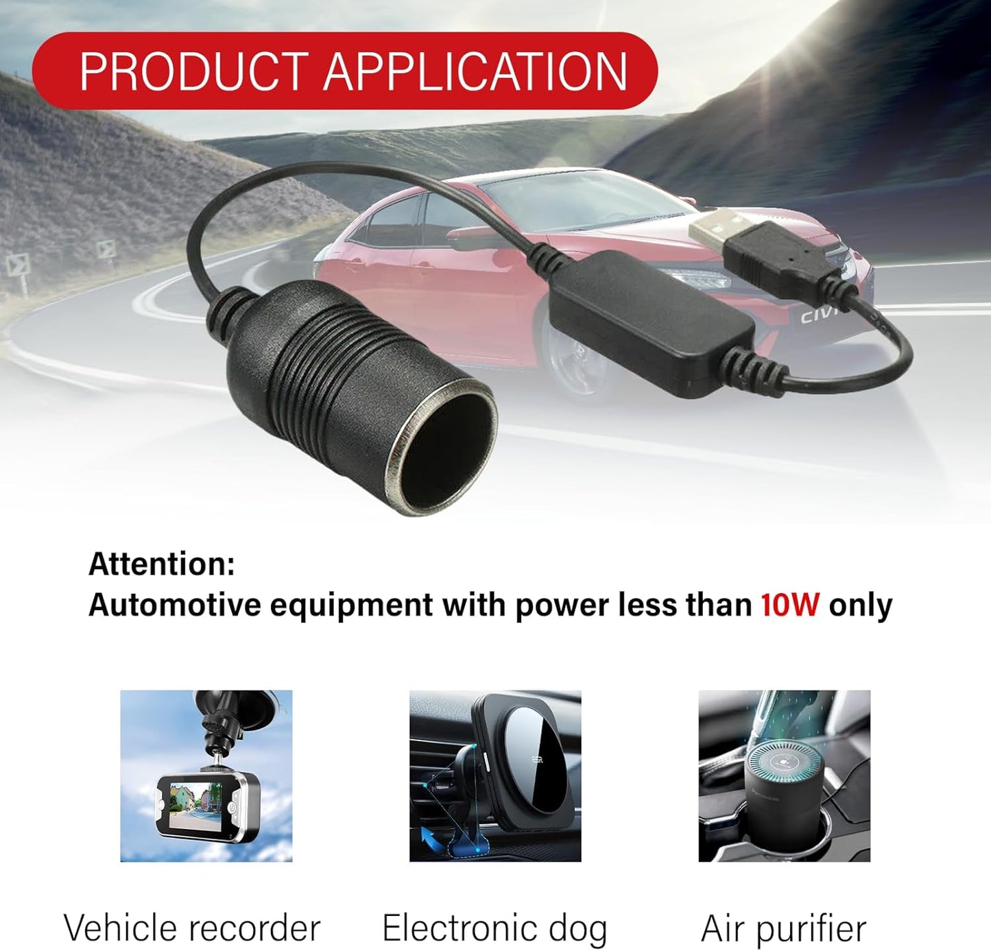 USB to 12V Port Adapter, Car Cigarette Lighter to USB Adapter, Car Cigarette Lighter Socket for Driving Recorder, Electronic Dog, Car Charger