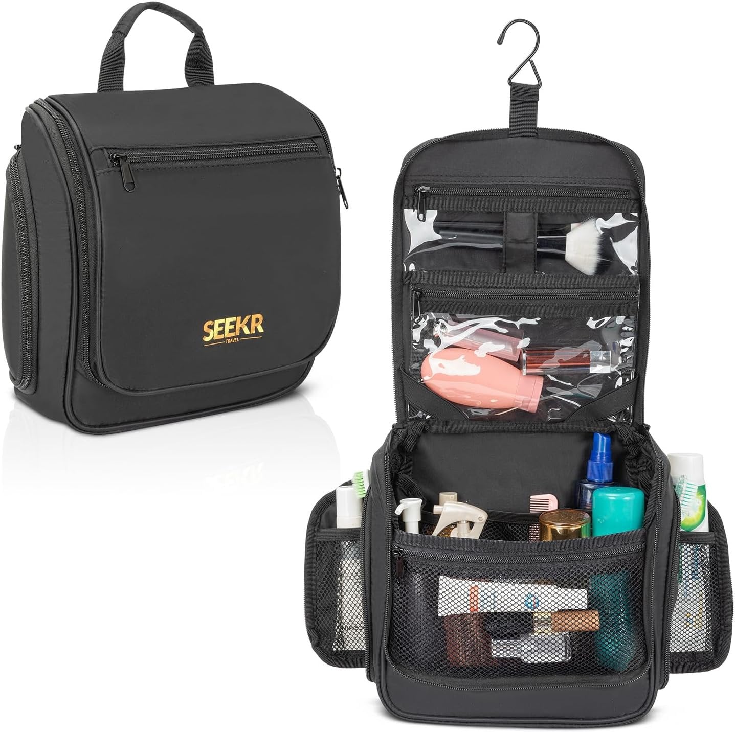 SEEKR Hanging Travel Toiletry Bag, Makeup Organiser, Expandable Compartments and Removable Pouches, for Toiletries, Cosmetics and Travel Essentials, Ideal for Luggage, Camping, Beach or Home (Black)