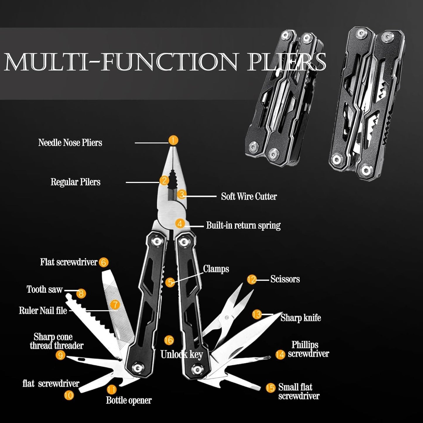 16-in-1 Folding Stainless Steel Multi-Tool with Pliers, Scissors, Knife, 2 Safety Locks, Belt Clip, Pouch