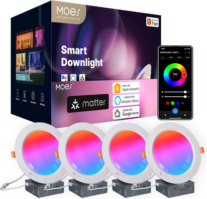 MOES Matter Smart Recessed Lighting 6 Inch, Color Changing WiFi Smart Downlight with Junction Box, 2700K-6500K CW& RGB Dimmable, Work with Apple Homekit/Alexa/Google Home, 1200lm 14W 4 Pack