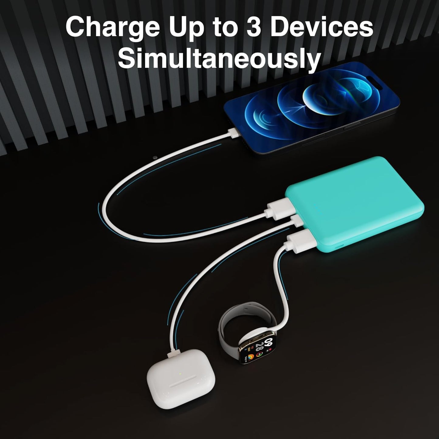 Laser 5000mAh Powerbank Dual USB-A, USB C Charger Ports, 118g Portable Charger, LED Display, 10W, 3-in-1 Cable, Compatible for iPhone15/14/13/12/Pro Max, Samsung, iPad, Apple Watch, Tablet - Aqua