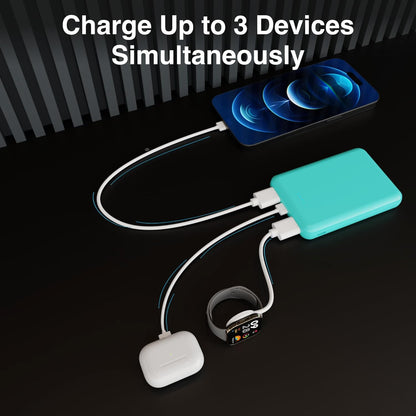 Laser 5000mAh Powerbank Dual USB-A, USB C Charger Ports, 118g Portable Charger, LED Display, 10W, 3-in-1 Cable, Compatible for iPhone15/14/13/12/Pro Max, Samsung, iPad, Apple Watch, Tablet - Aqua