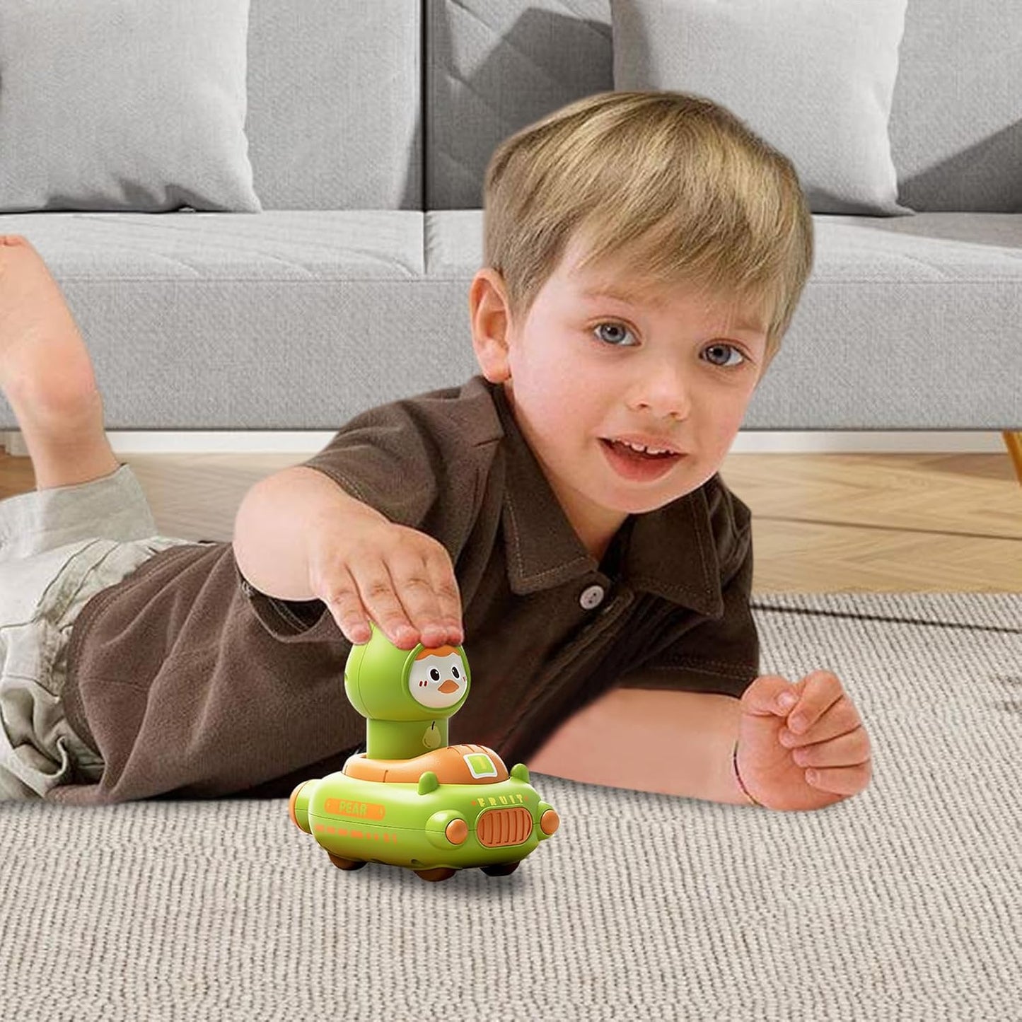 Push Car Toy for Baby | Cartoon Fruit Themed Press-Activated Car Toy | Interactive Cognitive Play Vehicle Set with 360-Degree Rotating Head | Educational Game for Babies, Perfect for Easter Basket