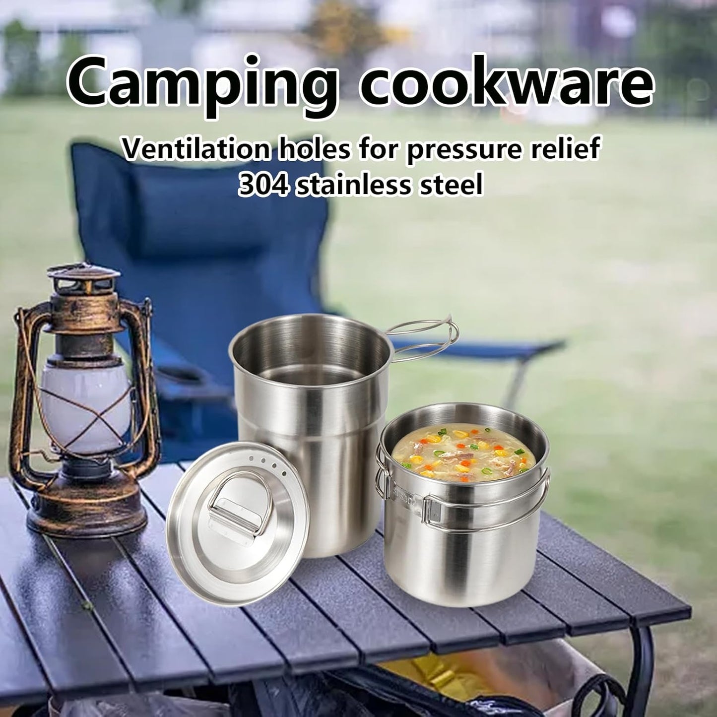 Camping Cook Set, Stainless Steel Cooking Set, Folding Gear, Compact Outdoor Cookware Kit for Hiking, Picnic, Fishing, Backpacking, Travel, Bushcraft, Car, RV, Beach, Home
