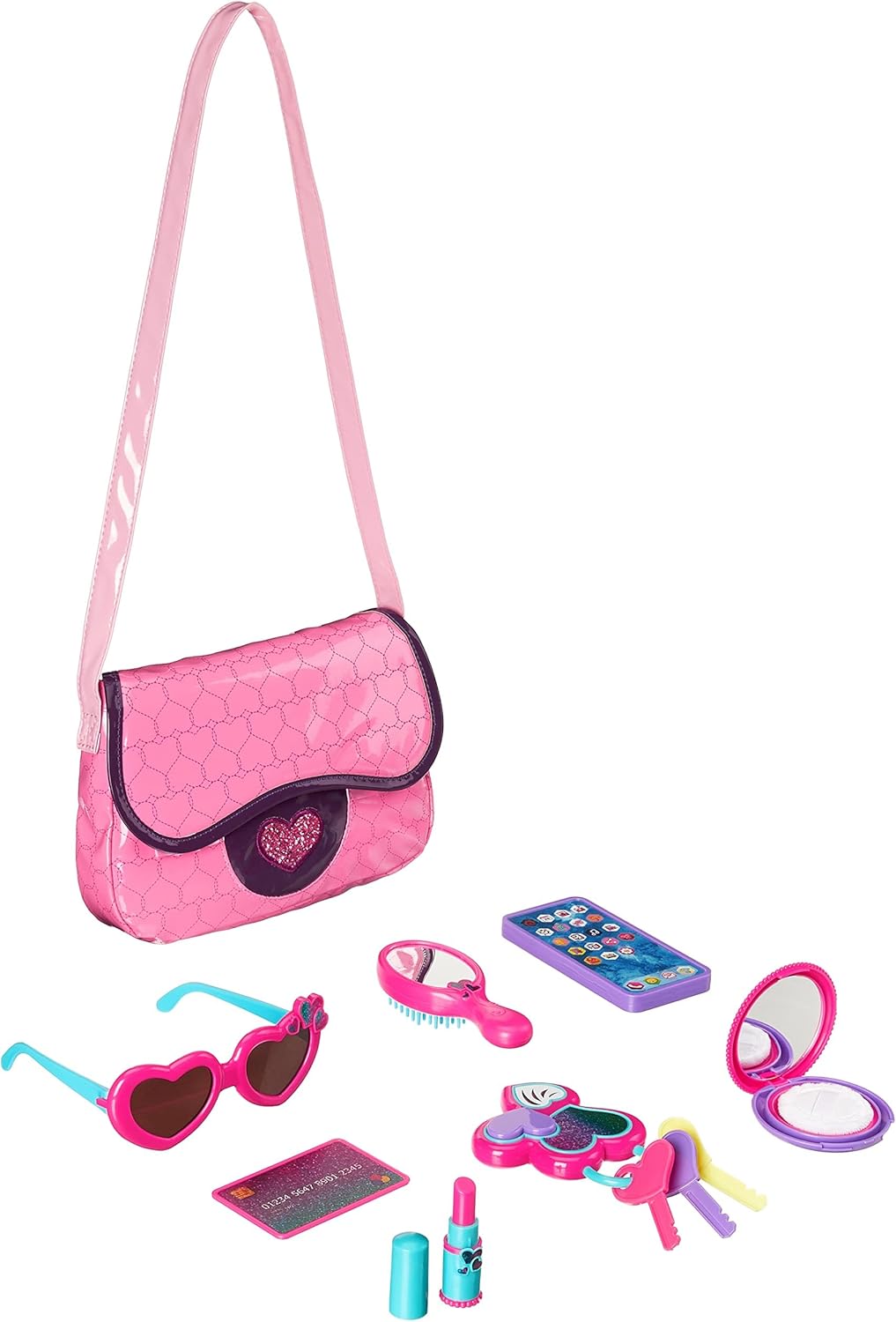 Amazon Basics Pretend Play Purse Toy For Kids Ages 3 and Up, Handbag Including Smartphone, Sunglasses, Makeup Compact, Keys and Credit Card, 8-Piece Set, Pink