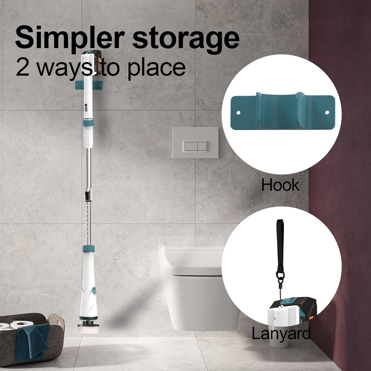 BHY Electric Spin Scrubber - 1200RPM Shower Scrubber Cordless Cleaning Brush with 2 Packs Battery&Charger, 8 Replacement Head,3 Adjustable Extension Handle for Bathroom Tub Tile Floor