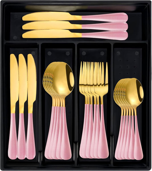 24-Piece Flatware Set with Organizer,Heavy Duty Stainless Steel Silverware for 6,Pink Cutlery Utensil Sets with Antiskid Handle，Rust-Proof Stainless Steel Cutlery, Mirror Polished (Pink)