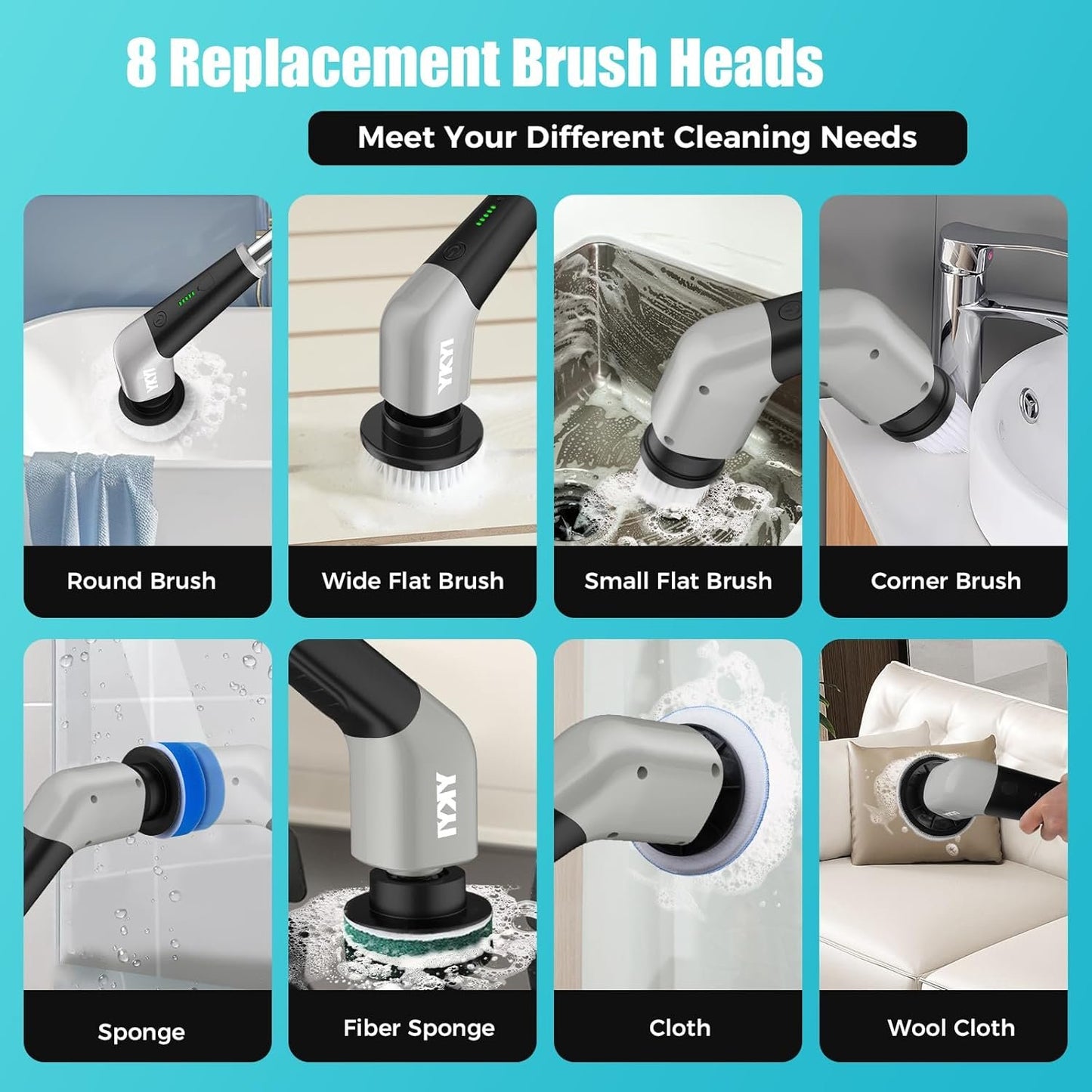 YKYI Electric Spin Scrubber,Bathroom Cleaning Brush, Electric Cleaning Brush with 8 Replaceable Brush Heads,2-Speed Shower Cleaner Brush with Long Handle for Bathroom, Tub, Kitchen, Window