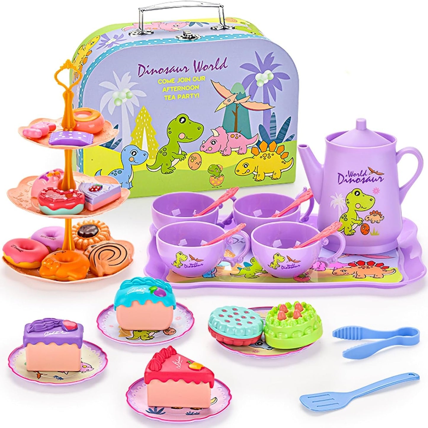 LOYUEGIYO Dinosaur Tea Party Set Toys for Girls Boys Toddler,Children Kitchen Pretend Role Play Food Toy,Educational Learning Kid Girl Toys Gifts for 3 4 5 6 7 Year Old,Teapot&Teacups&Dishes&Desserts