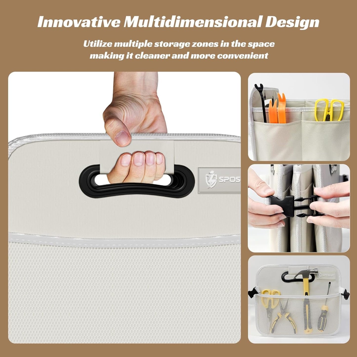 Sposuit Trunk Organizer for Car - 70L Collapsible Trunk Storage with 11 Pockets & Reinforced Handles, SUV Trunk Organizers for Grocery Cargo(White)