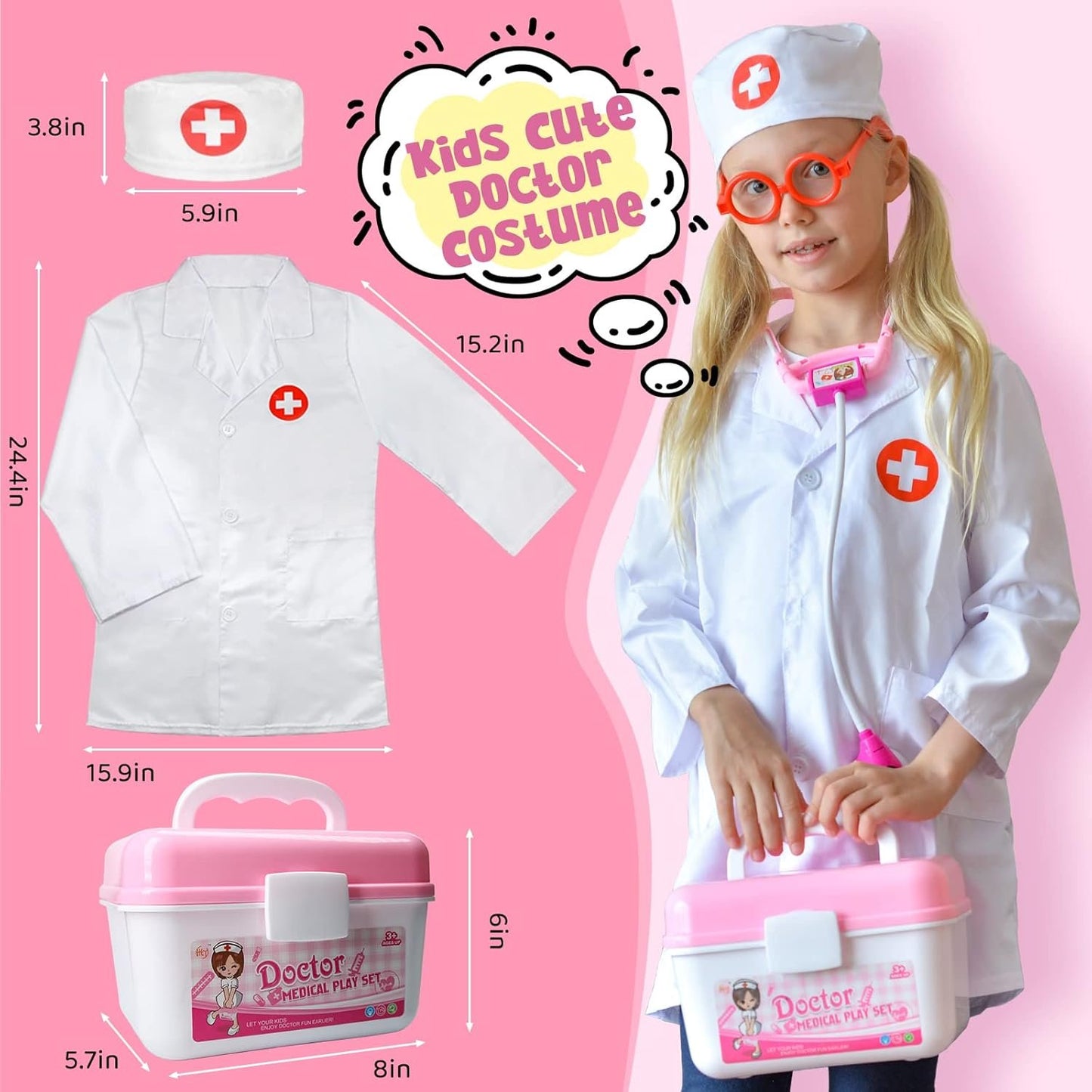 LOYO Doctor Kit Kids - Dentist kit for Kids, Doctors Play Set with Doctor Costume, Pretend Play Toddler Toy for 2 3 4 5 6 7 Years Old Girls Boys Birthday Gifts (Pink)