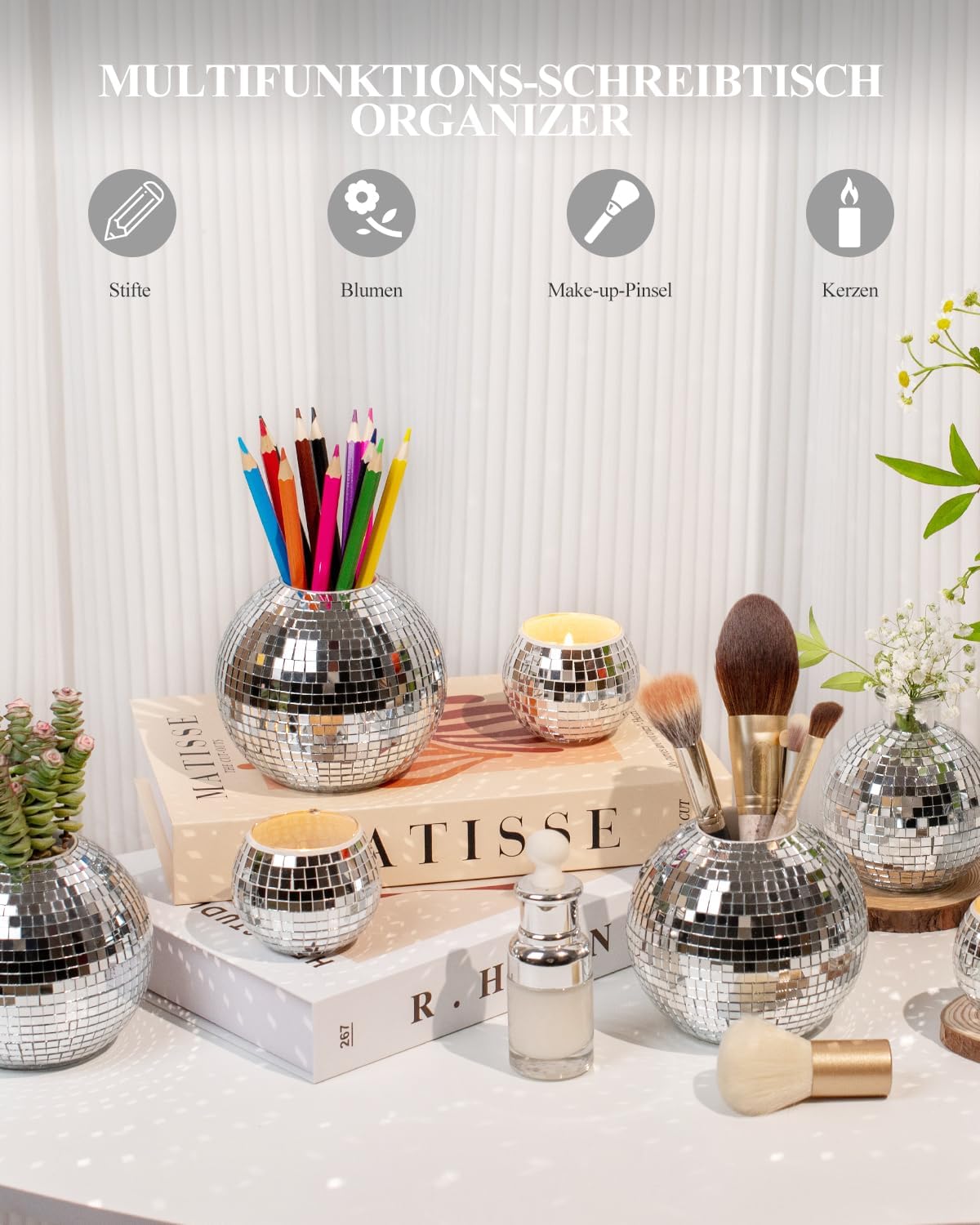 RGBDOT Disco Ball Desk Pencil Holder - Disco Ball Pen & Make Up Brush Organizer with Silver Sequins, Disco Accessory, Office Home or Bedroom Decor, 4 in
