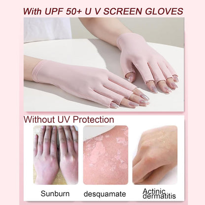 Corigly Nail UV Gloves for Dryer: UPF 50+ UV Protection Fingerless Gloves for Manicures, Anti-Slip UV Nail Gloves for Gel Nail Lamp Skin Care Dryer Nail Art (Pink)