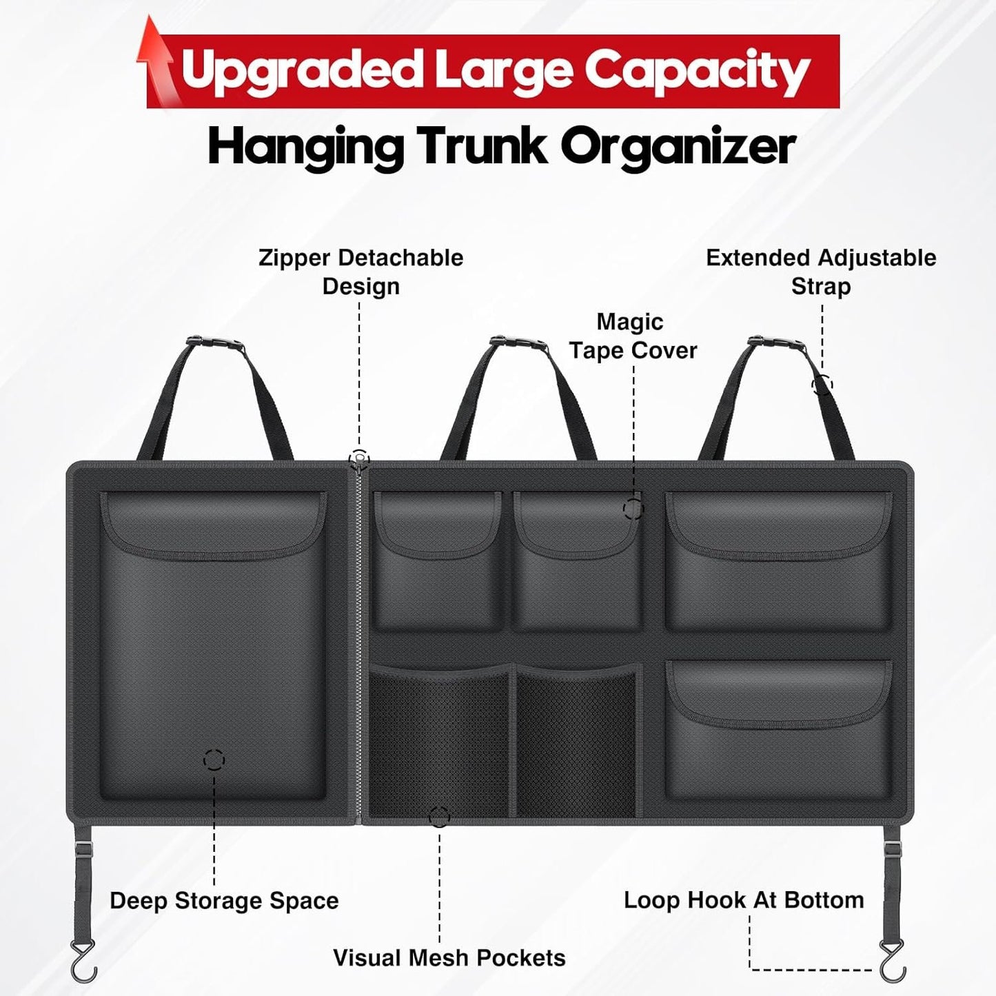 Hanging Trunk Organizer for SUV, Super Capacity Detachable Car Trunk Organizers Back Seat, Foldable Cargo Storage Bag with 7 Pockets & Adjustable Straps for SUVs, Jeeps, Minivans, Maximize Your Space