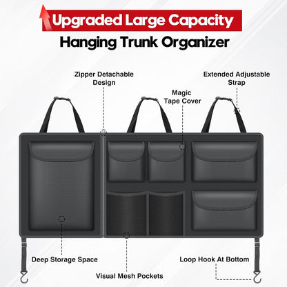 Hanging Trunk Organizer for SUV, Super Capacity Detachable Car Trunk Organizers Back Seat, Foldable Cargo Storage Bag with 7 Pockets & Adjustable Straps for SUVs, Jeeps, Minivans, Maximize Your Space