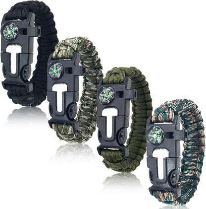 SURVIVAL_KIT Survival Bracelets 4-Pack | 5-in-1 Paracord Bracelet Set with Fire Starter, Compass & Whistle | Emergency Outdoor Gear for Camping, Hiking