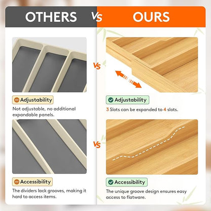 Lifewit Utensil Drawer Organizer, Expendable Cooking Silverware Tray for Kitchen Drawer, Bamboo Adjustable Cutlery Flatware Holder, Spatula Tools and Gadgets Storage Divider, 4 Compartments, Natural