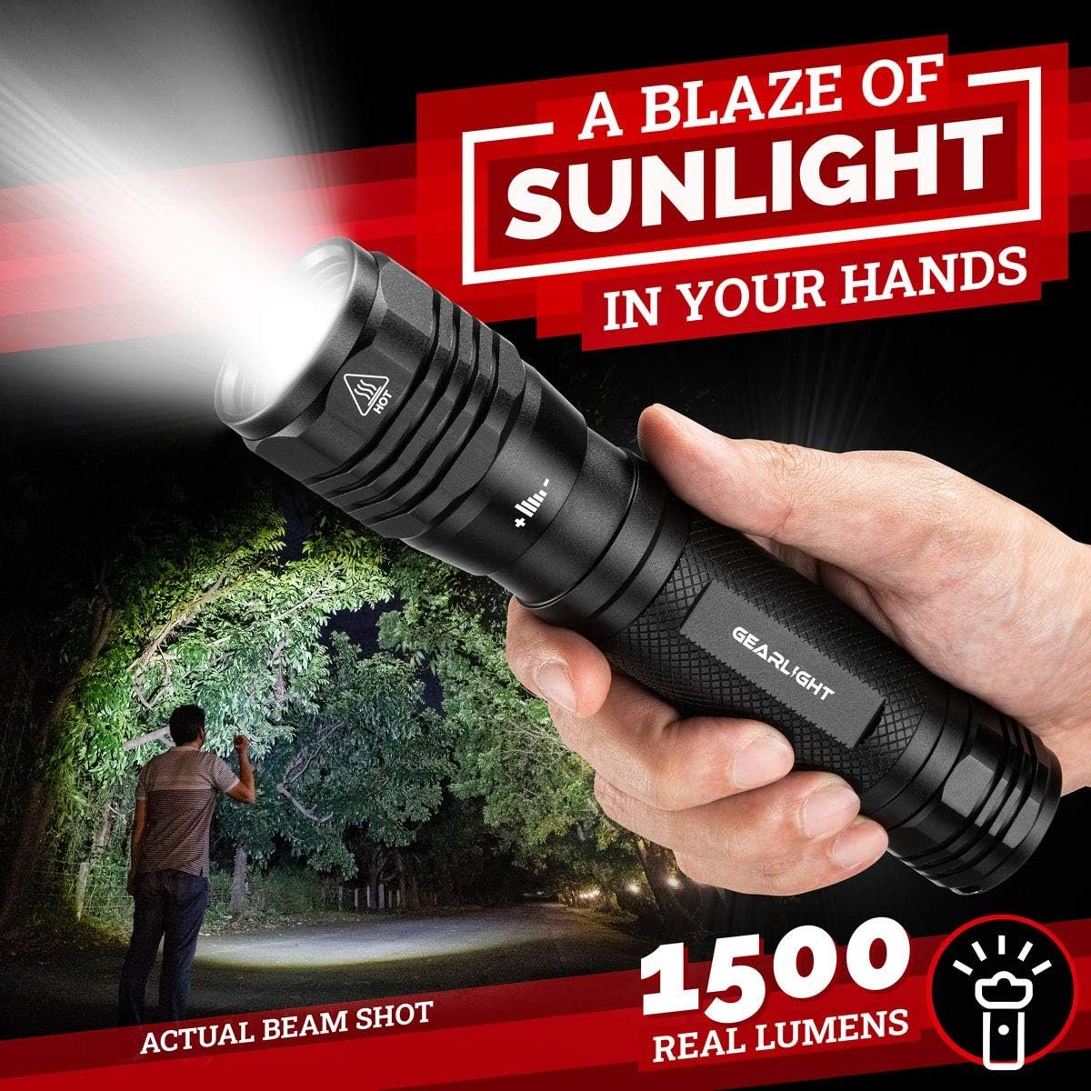 GearLight High Lumens LED Flashlight S2500 - Powerful Patented 1500 Lumen Flashlights, Brightest Tactical Flash Light, Super Bright Camping Accessories and Gear