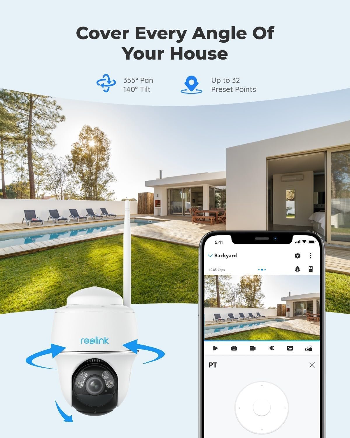 REOLINK Security Camera Wireless Outdoor, Pan Tilt Solar Powered 5MP Night Vision, 2.4/5 GHz Wi-Fi, 2-Way Talk, Works with Alexa/Google Assistant for Home Surveillance, Argus PT with Sun-Powered Panel