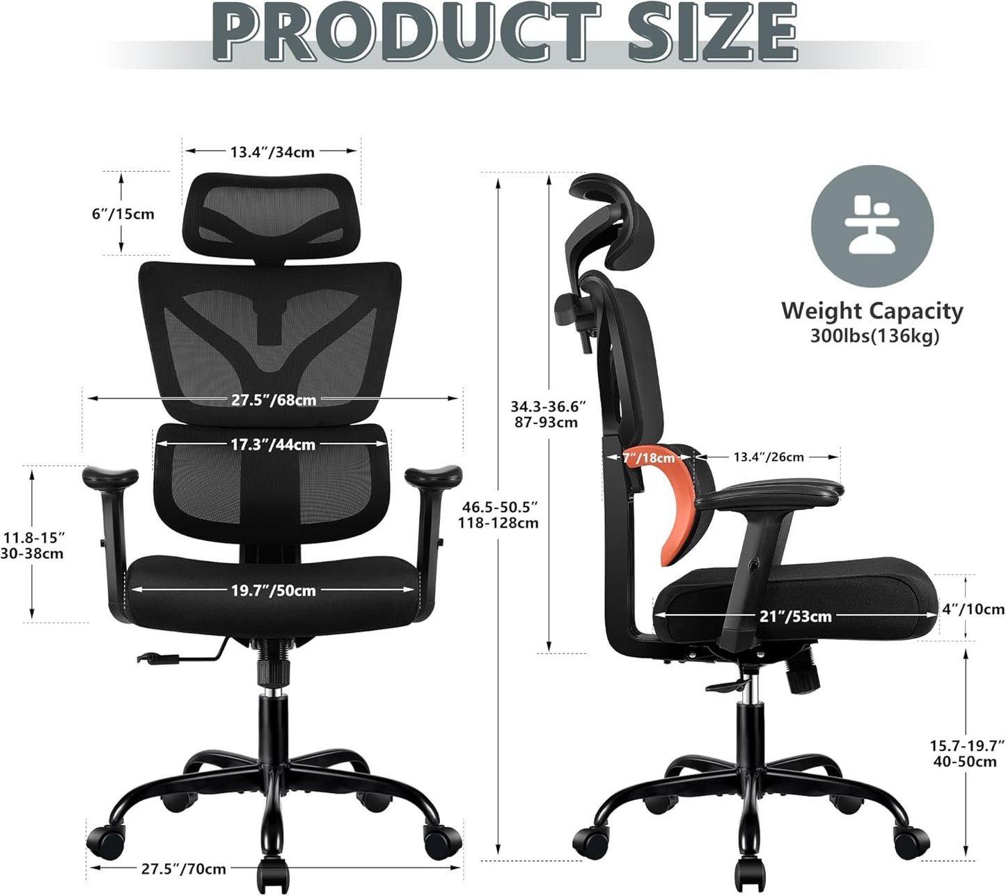 Winrise Office Chair Ergonomic Desk Chair, High Back Gaming Chair, Big and Tall Reclining chair Comfy Home Office Desk Chair Lumbar Support Breathable Mesh Computer Chair Adjustable Armrests(B-Orange)