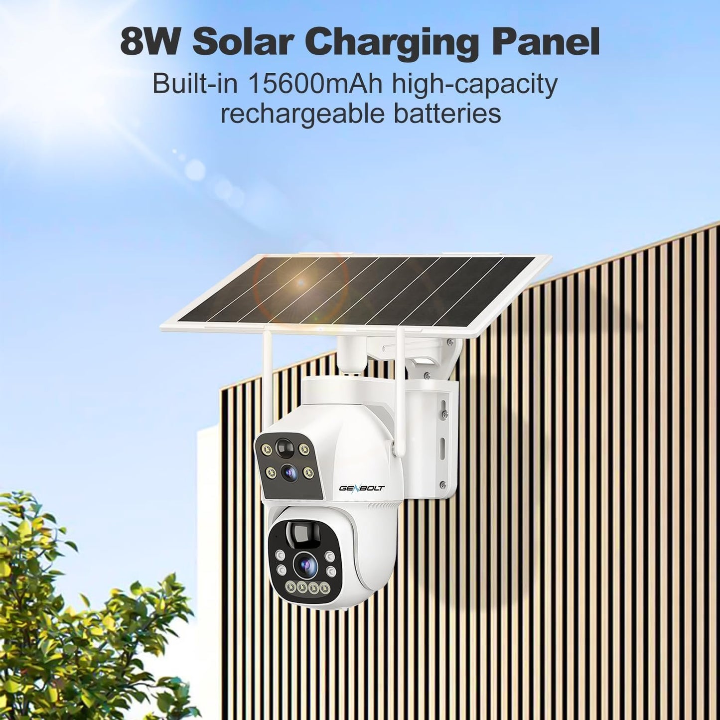 GENBOLT Solar WiFi Security Camera Outdoor Wireless, 8W 15600mAh Battery Powered Home Surveillance Camera CCTV with Dual View, Dual Lens Spotlight IP Camera with Color Night, PIR Detection