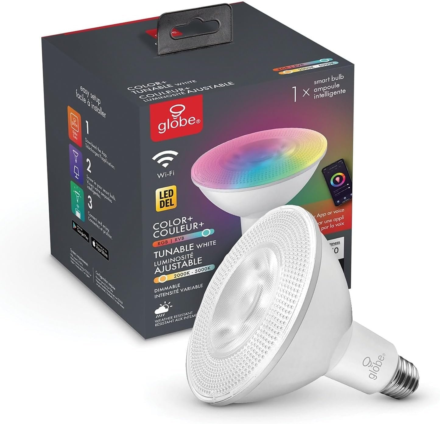 Globe Electric 50043 Wi-Fi Smart 10 Watt (90W Equivalent) Multicolor Changing RGB Tunable White Frosted LED Light Bulb, No Hub Required, Voice Activated, 2000K - 5000K, PAR38 Shape, E26 Base