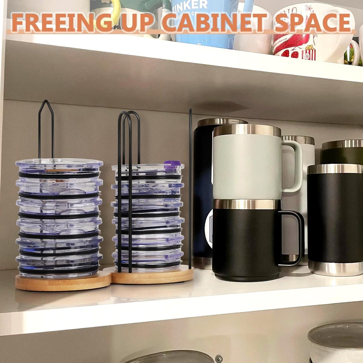 Jolensoy 2 IN 1 Tumbler Lid Stacker, Bamboo & Iron, Up to 20 Lids, Space-Saving Vertical Storage, Kitchen Cabinet & Countertop Organization