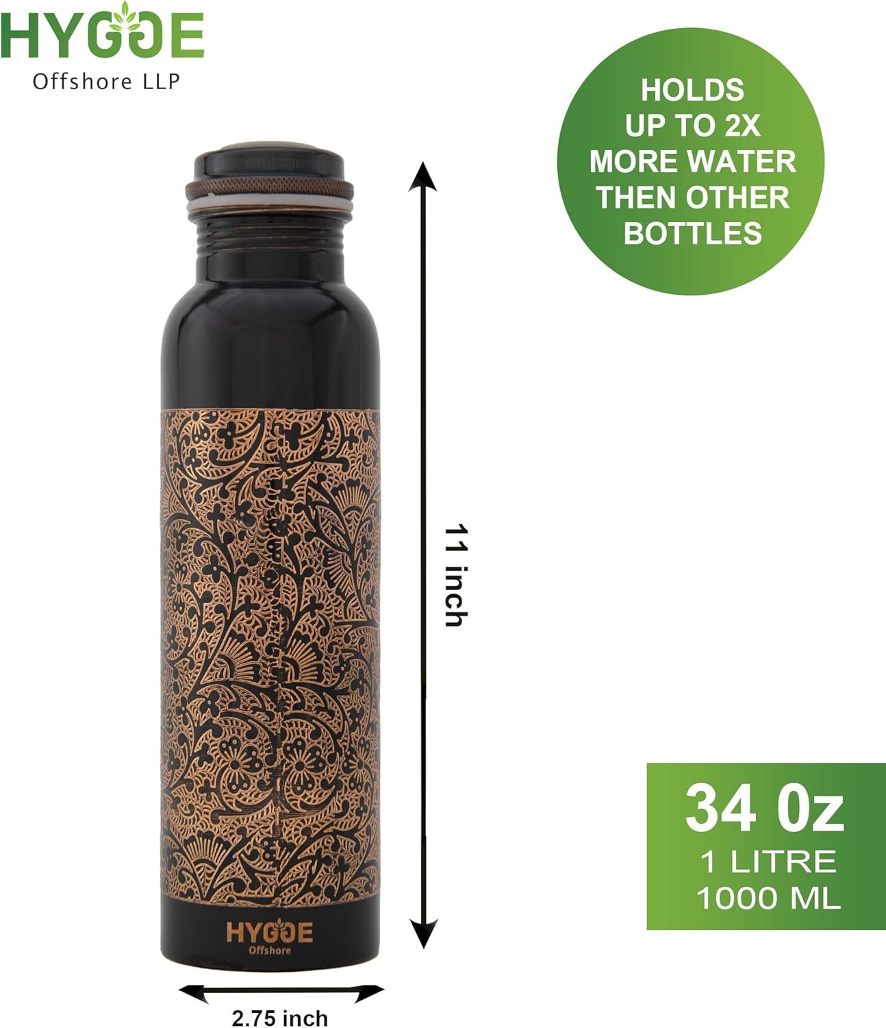 HYGGE 34oz (1L) Pure Copper Water Bottle – Ayurvedic Copper Bottle with Lid – Leak-Proof, Antique Embossed Design – Travel Water Bottle for Gym, Office, Hiking, Yoga – Eco-Friendly Drinkware