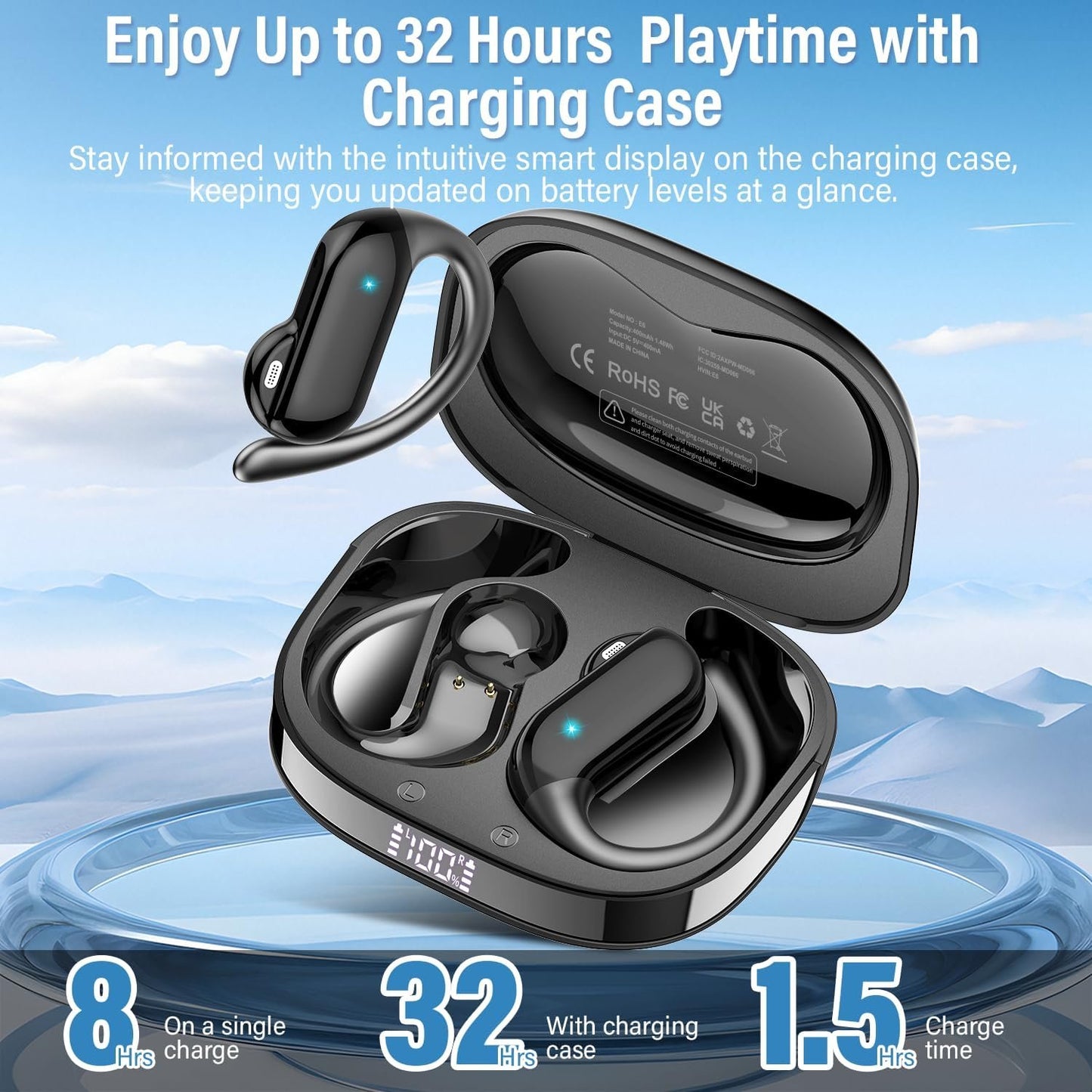 Open Ear Headphones, Bluetooth 5.4 Wireless Earbuds with HD Clear Calls, 32Hrs Immersive Stereo Air Conduction Earphones with Earhooks, LED Display, IPX7 Lightweight Open Ear Buds for Sports/Working