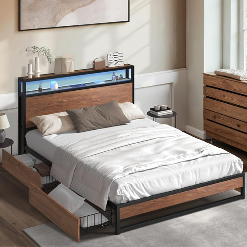 Oikiture King Bed Frame with Led Light and Charge Station Metal Bed with 4 Drawers
