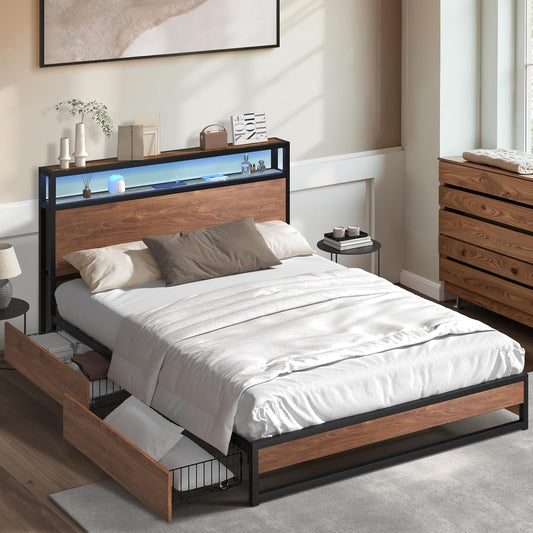 Oikiture King Bed Frame with Led Light and Charge Station Metal Bed with 4 Drawers