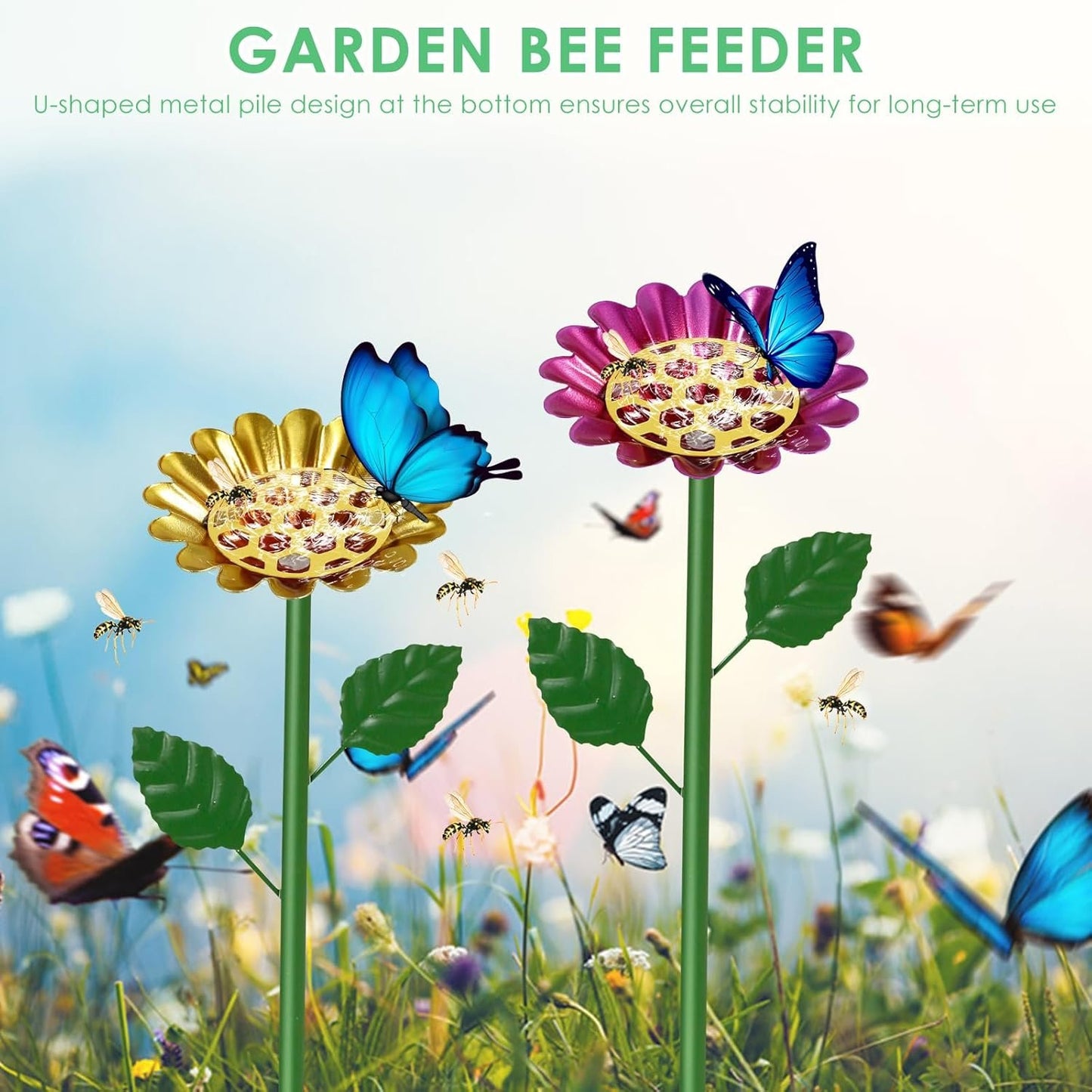 4 Pack Bee Watering Station, Metal Bee Cups for Garden, Flower Shape Butterfly Bath Bowl, Bee Water Feeder Catcher Cup, Solid Pollinator Watering Stake Decor Set for Feeding Outdoor Garden