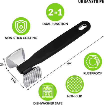 Urbanstrive Premium Heavy Duty Meat Tenderizer Hammer, Stainless Steel Meat Mallet Tenderizer, Dual-Sided Meat Hammer Tenderizer, Meat Pounder Kitchen Mallet for Beef, Chicken Pounder, Black