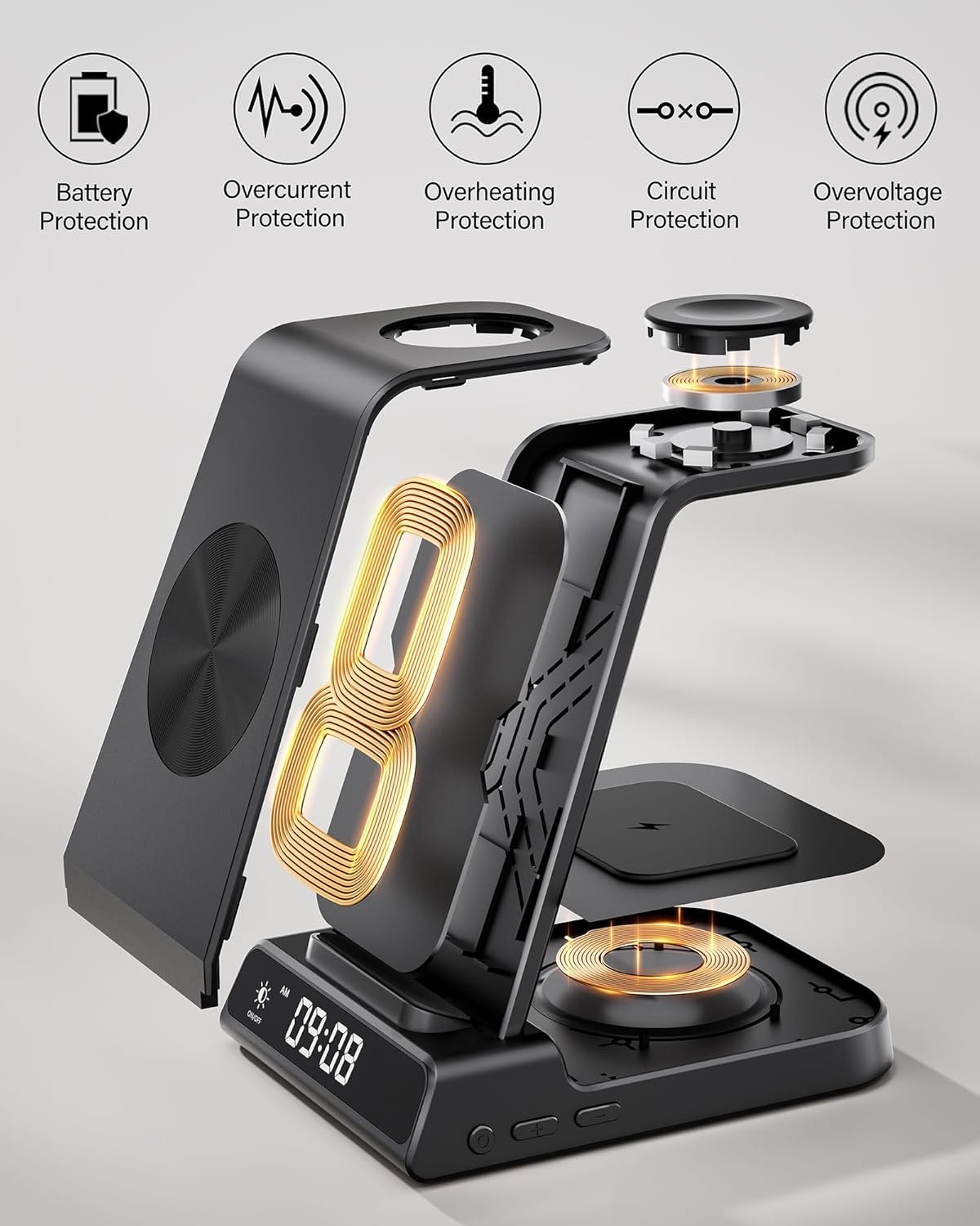 Wireless Charger Stand for iPhone, 3 in 1 Charging Station for Apple Watch Ultra 2/Ultra/10/9/8/7/6/5, Charger Dock with Clock for iPhone 16 15 14 13 12 11 X Pro Max, AirPods 4/3/Pro(No Adapter)