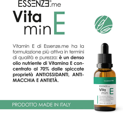 Tocopherol 70% Natural Vitamin E Oil Highly Concentrated to Dilute in Face Serum, Anti-Wrinkle Cream, Products for Hair, Nails and Cuticles. Antioxidant, Anti-Aging, Anti-Dirt, Soothing 30 ml