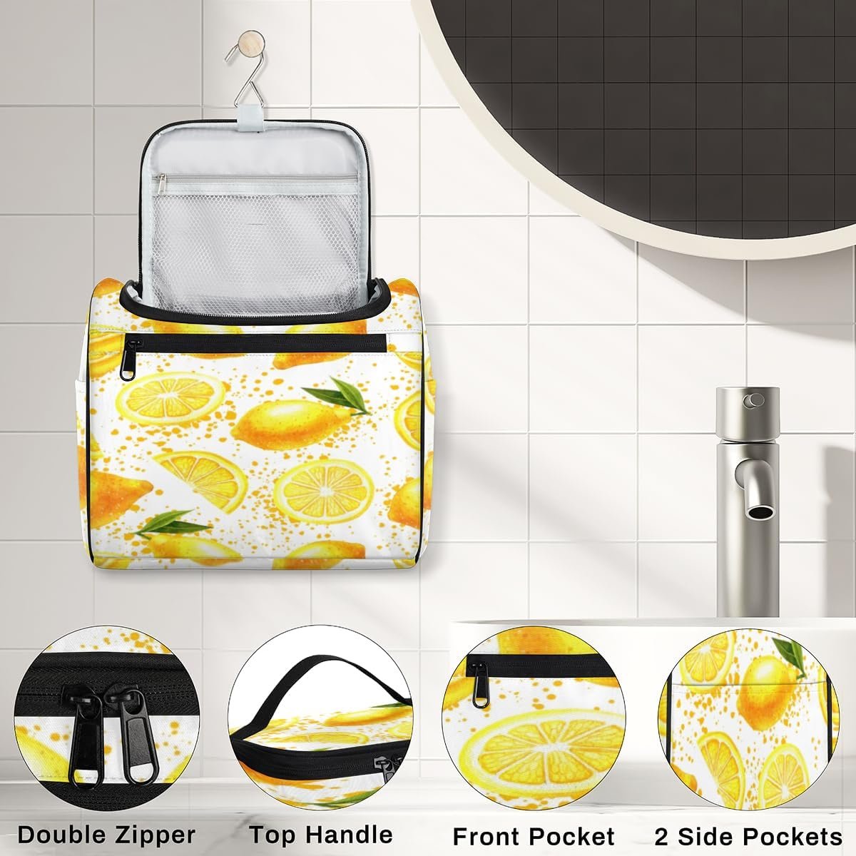 Lemon Fruit Travel Toiletry Bag for Men and Women Yellow Large Hanging Toiletry Organizer Waterproof Hygiene Bag with Metal Hook, Lemon Fruit, 10.2 x 6.5 x 9.2 inches