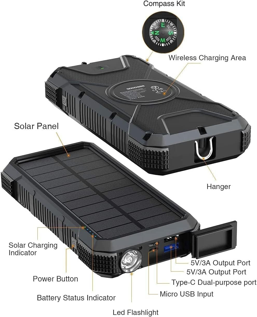 Solar Power Bank 26,800mAh, Wireless Solar Charger IPX6 Waterproof, Solar Battery Charger 3 Outputs USB C with LED Flashlight Compass, Solar Phone Charger for iPhone Samsung Tablet Camping Outdoor