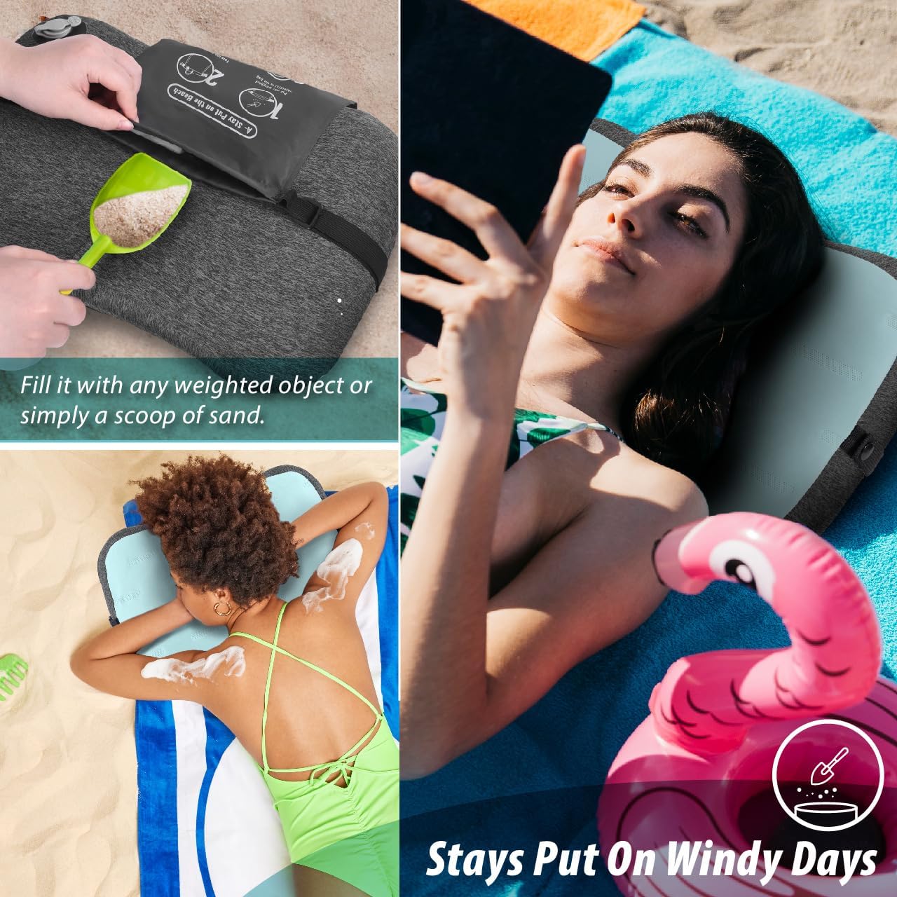 TREKOLOGY Inflatable Beach Pillow with Removable Washable Cover, Sand Bag Anchor & Adjustable Strap – Lightweight, Compact Travel Pillow for Beach, Pool, Hiking, and Outdoor Adventures