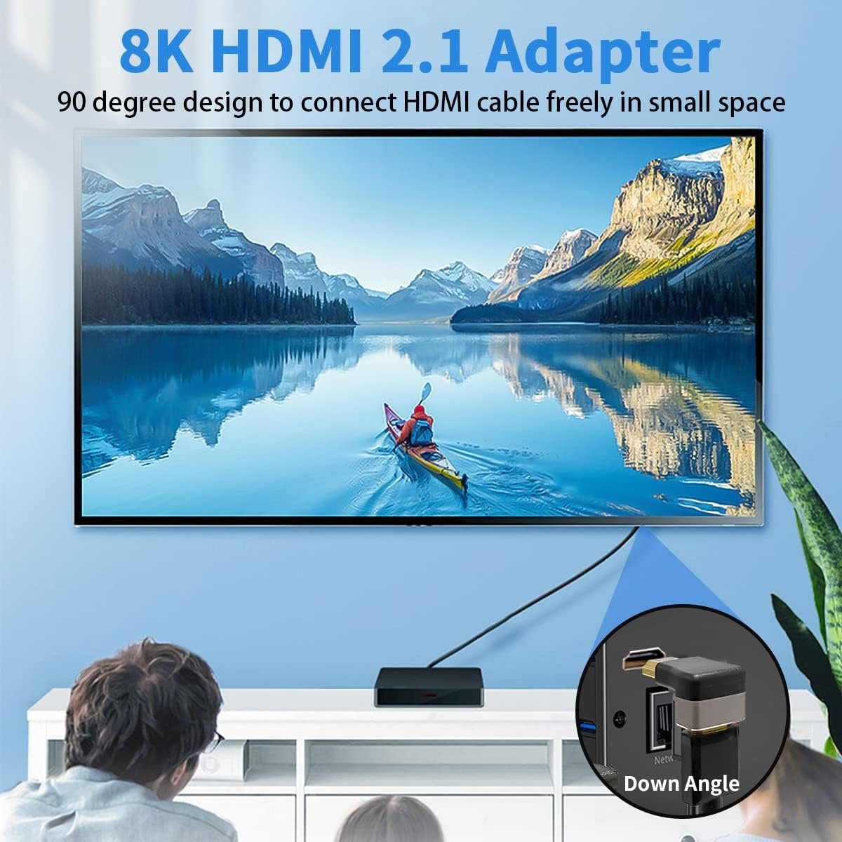 Duttek 8K 90 Degree HDMI Male to Female Adapter, 2.1 Version Down Angle HDMI L Shape Flat Extender Adapter Connector for TV, Roku, Fire Stick, Chromecast, Switch, Laptop, PC (2 Pack)