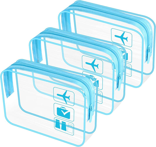 JUNART 3Pcs Clear Travel Toiletry Bags, TSA Approved Cosmetic Makeup Bag, Portable Travel Accessories Airport Airline Compliant Bag for Men and Women (Blue)