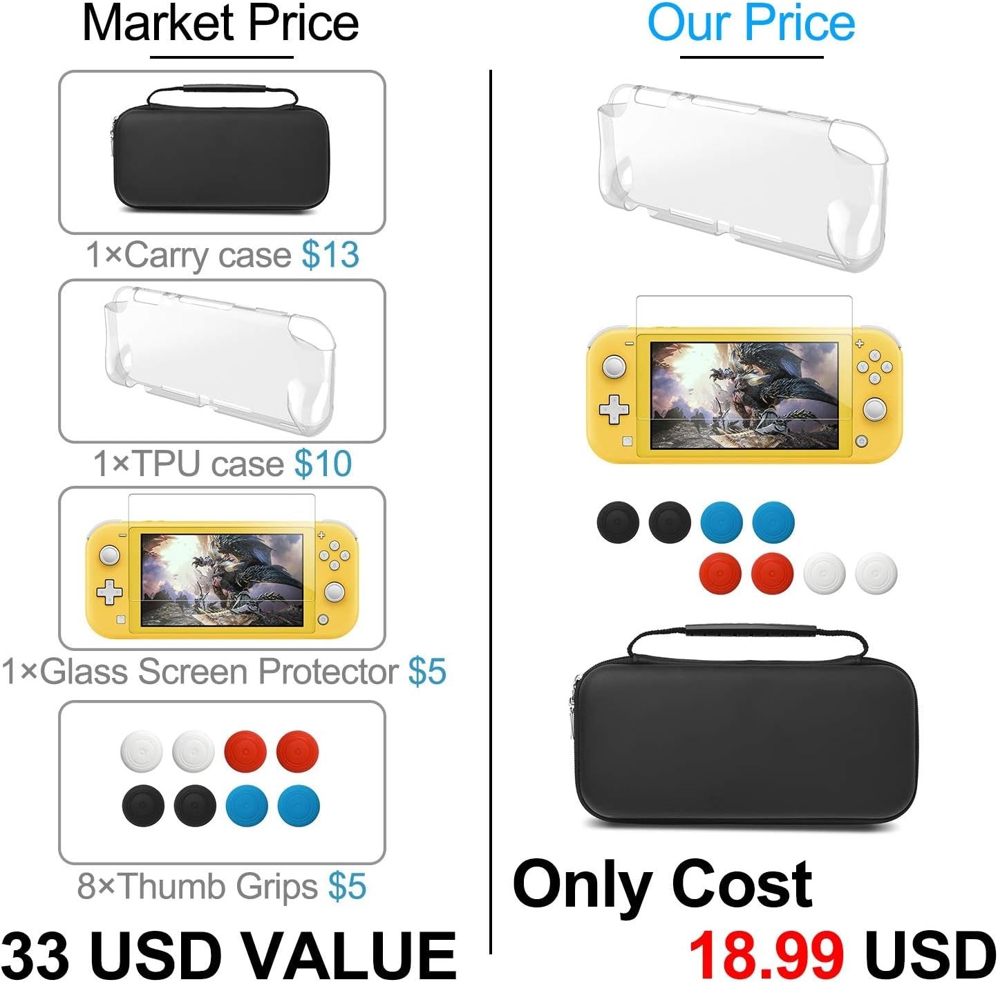 Case for Nintendo Switch Lite Accessories, YUANHOT Portable Travel Bag for Switch Lite Games Protective Case & Tempered Glass Screen Protector & 6 Thumb Grip Caps - Black