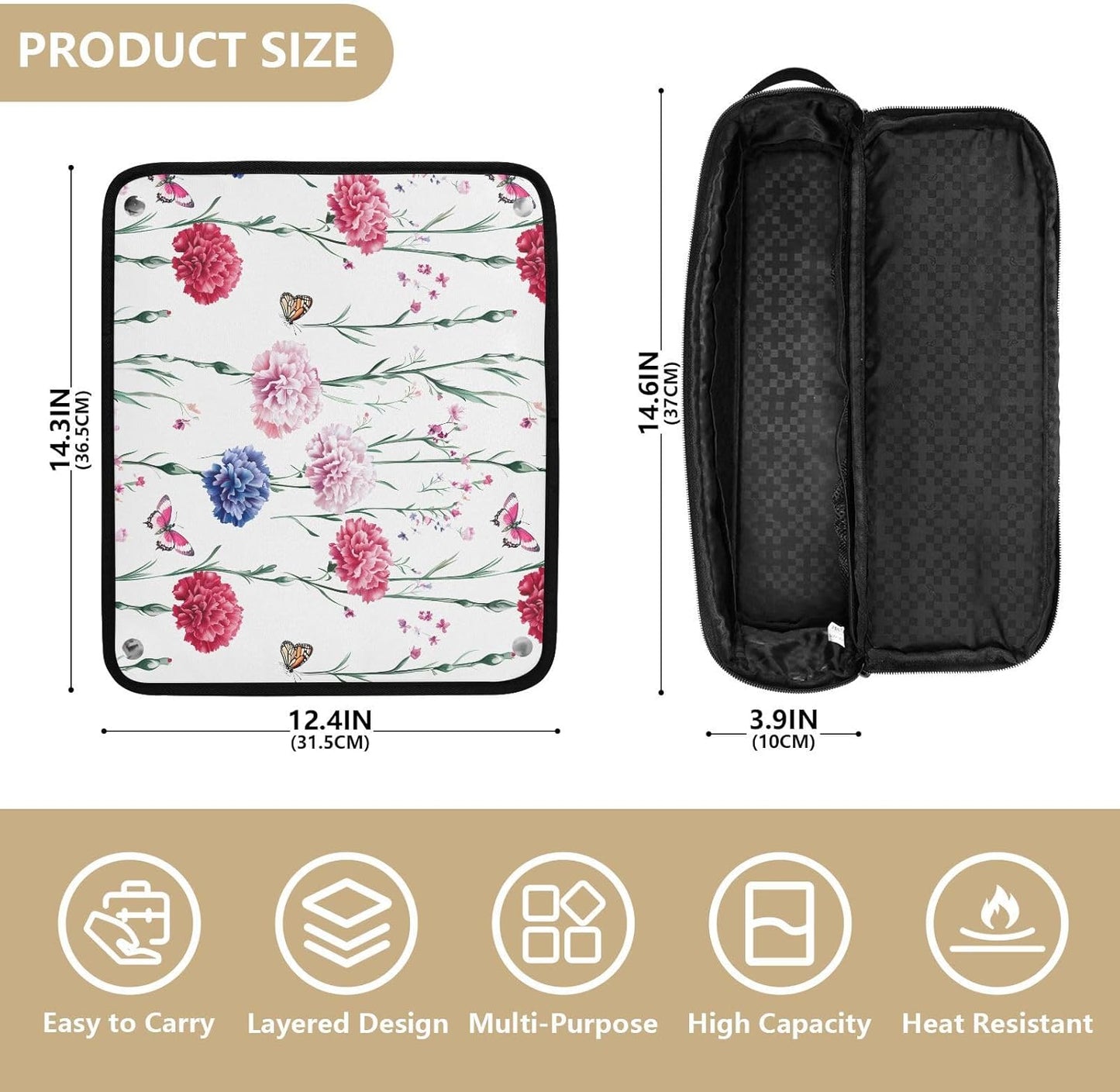 FRODOTGV Nature Garofani Borsa da viaggio per strumenti per capelli caldi bianchi e tappetino resistente al calore Custodia da viaggio portatile per utensili caldi e accessori per la cura dei capelli