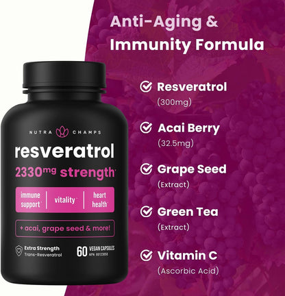 Resveratrol Supplements | 5-in-1 Advanced Formula with Vitamin C, Grape Seed Extract, Acai Berry & Green Tea Extract | Healthy Aging, Immune Support & Heart Health | Vegan & Non-GMO | 60 Capsules