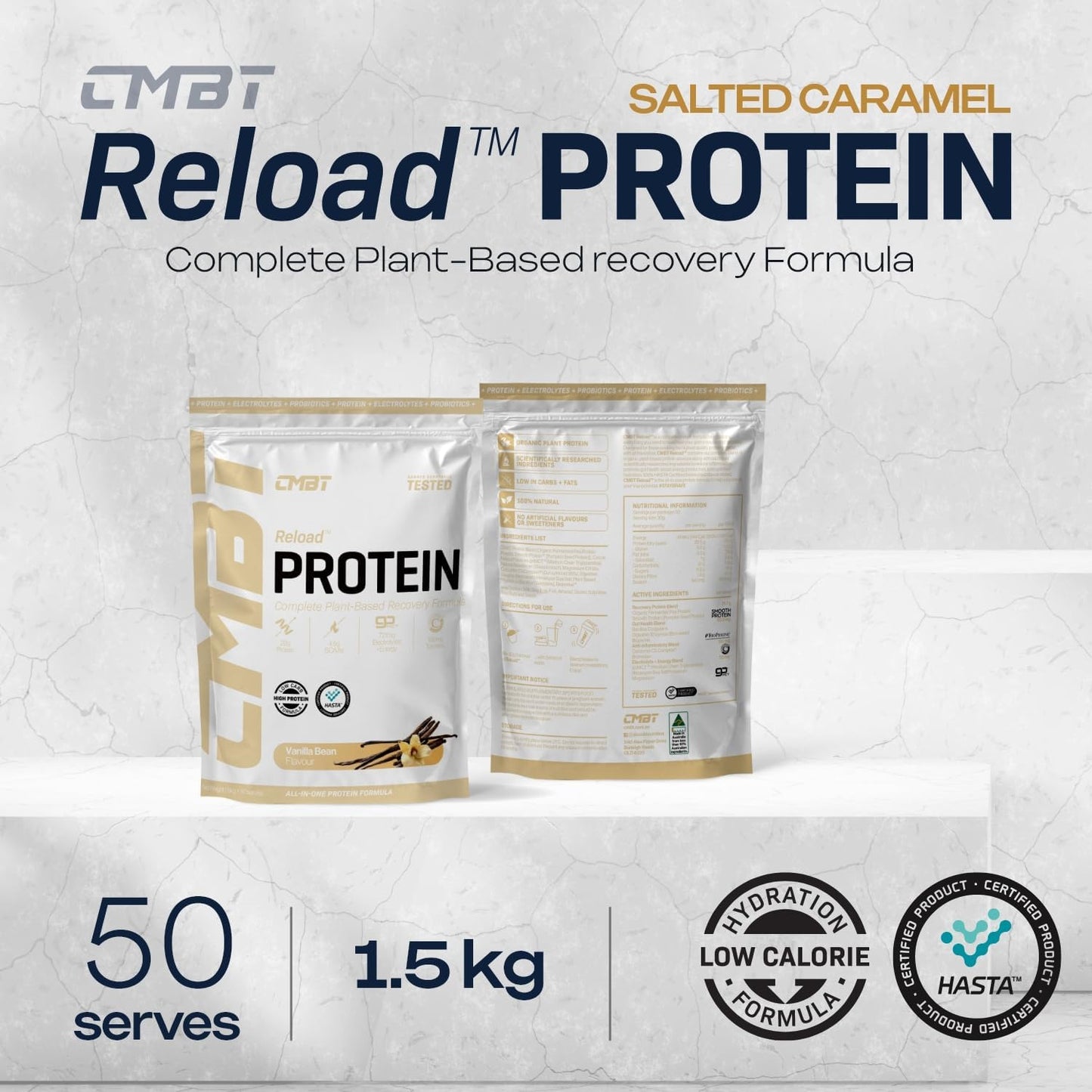 CMBT Reload Protein Powder, 22g Plant-Based Protein, Gut Health, Anti-Inflammatory, Clean Energy, Hydration Support, Banned Substance Tested, Vanilla, 1.5kg