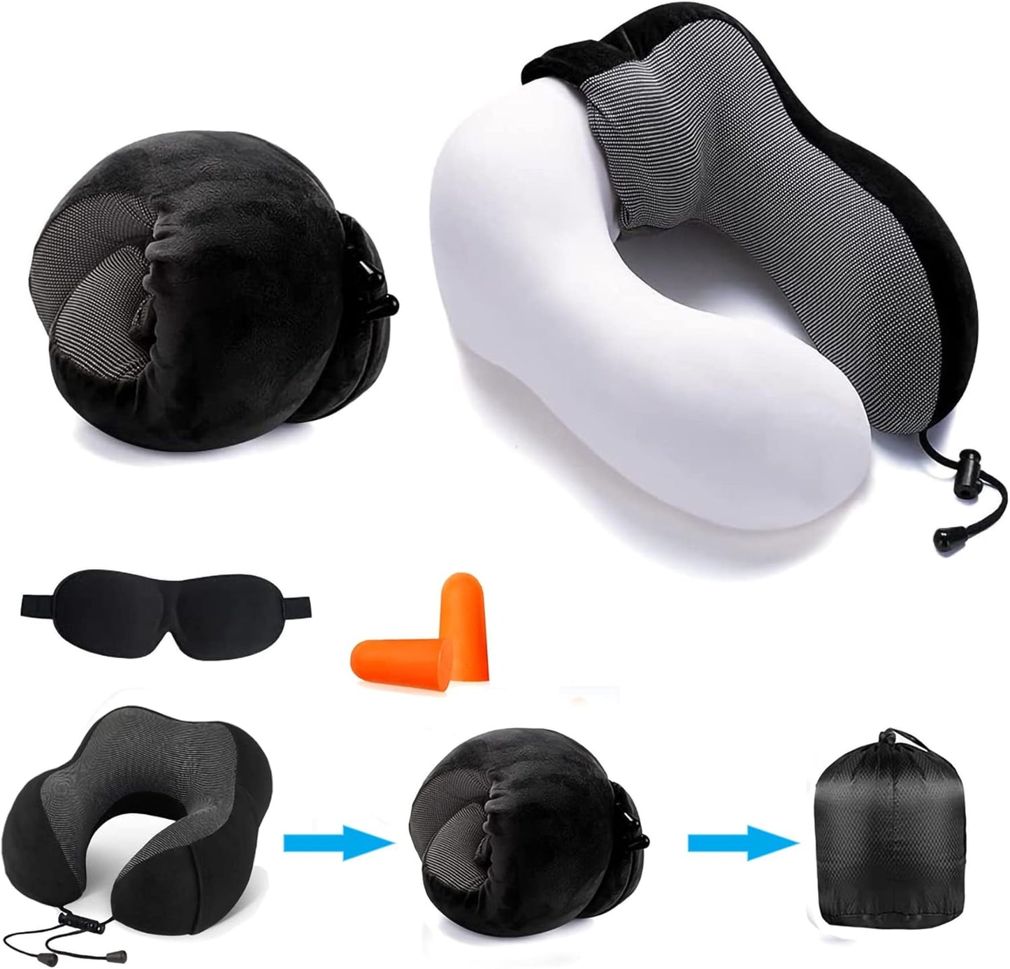 FLRWDJL Travel Pillow Memory Foam Neck Pillow for Travel Head Support Includes 3D Eye Masks, Earplugs and Luxury Bag Adult Kids Travel Neck Portable Pillows for Airplane, Cars, Train
