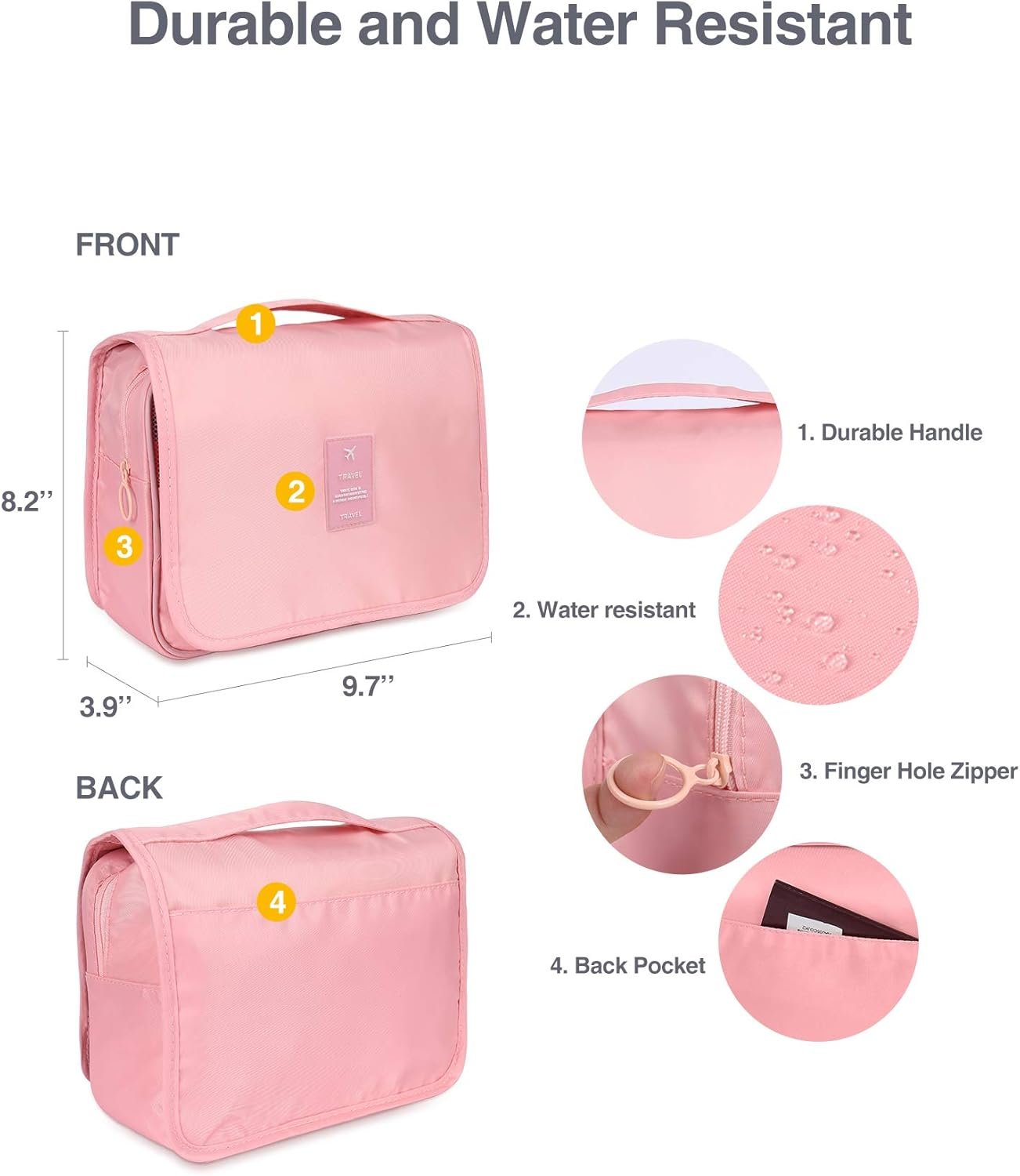 Luxtude Travel Toiletry Bag with Hanging Hook, Makeup Cosmetic Bag Travel Organizer for Hygiene Accessories, Shampoo, Full Sized Container, Toiletries, 4 Refillable Travel Bottles are included (Pink)