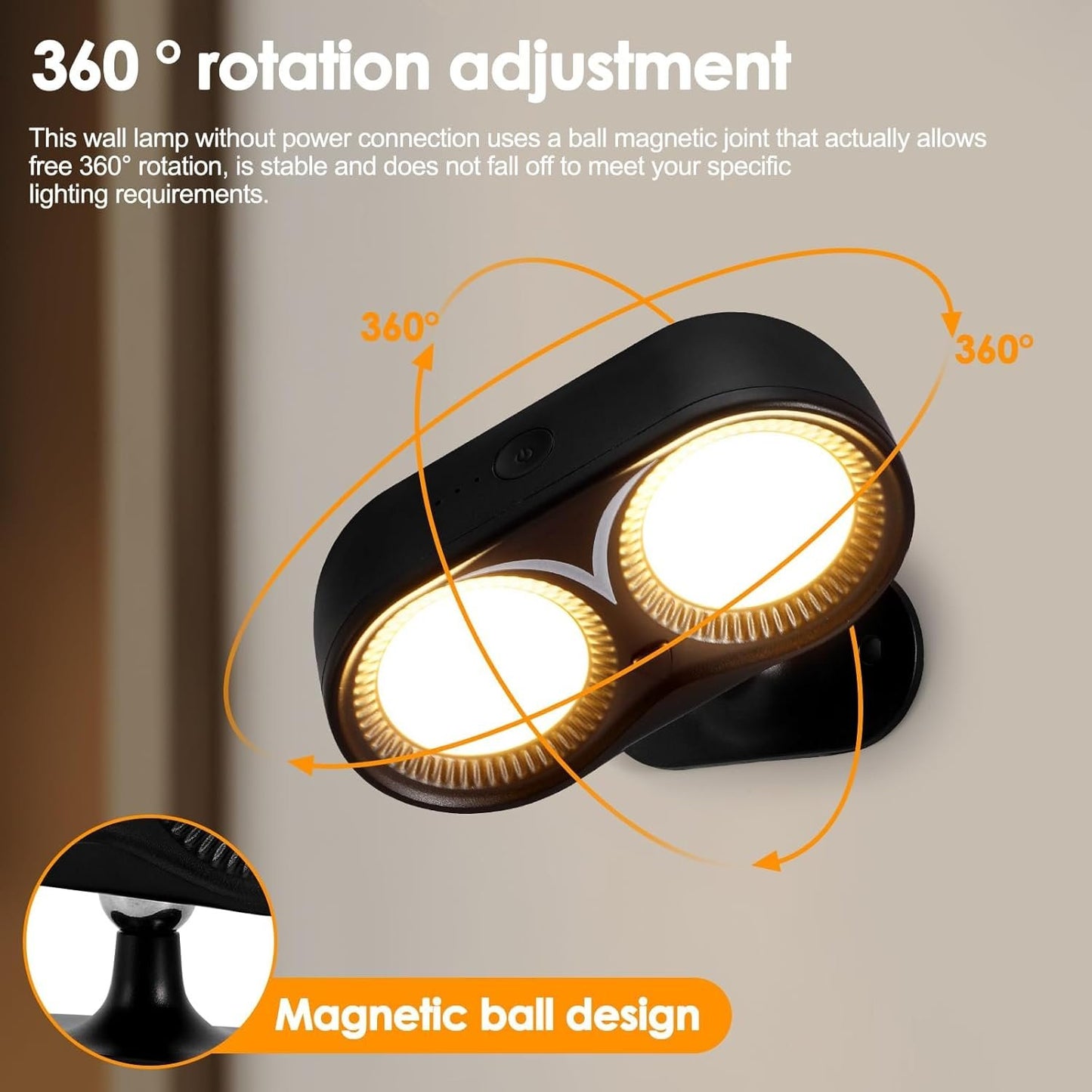 ZONJIE Upgrade LED Indoor Wall Light - Rechargeable Battery Indoor Wall Light with 3 Colour Modes and 3 Brightness Levels, 360Â° Rotating Wireless Wall Spotlight Indoor